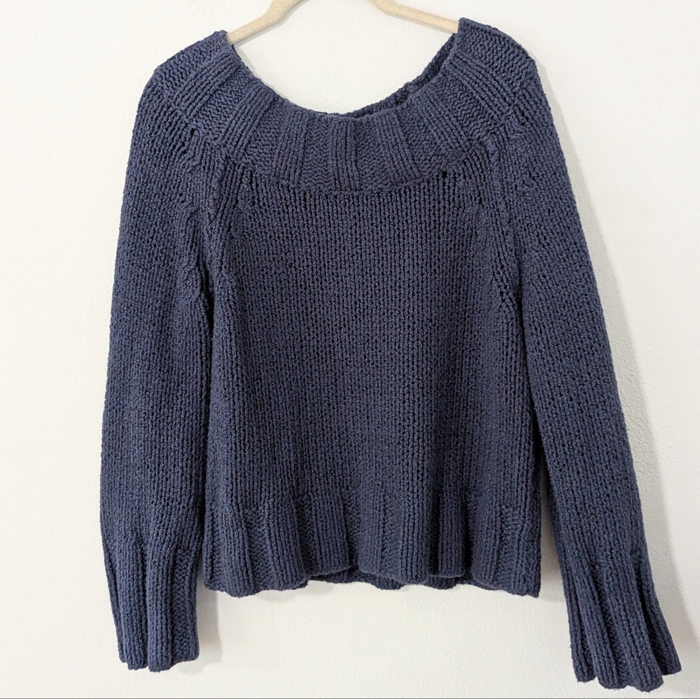 Free People Beachy Slouch Sweater Off She Shoulder Ribbed Chunky Knit Blue XS